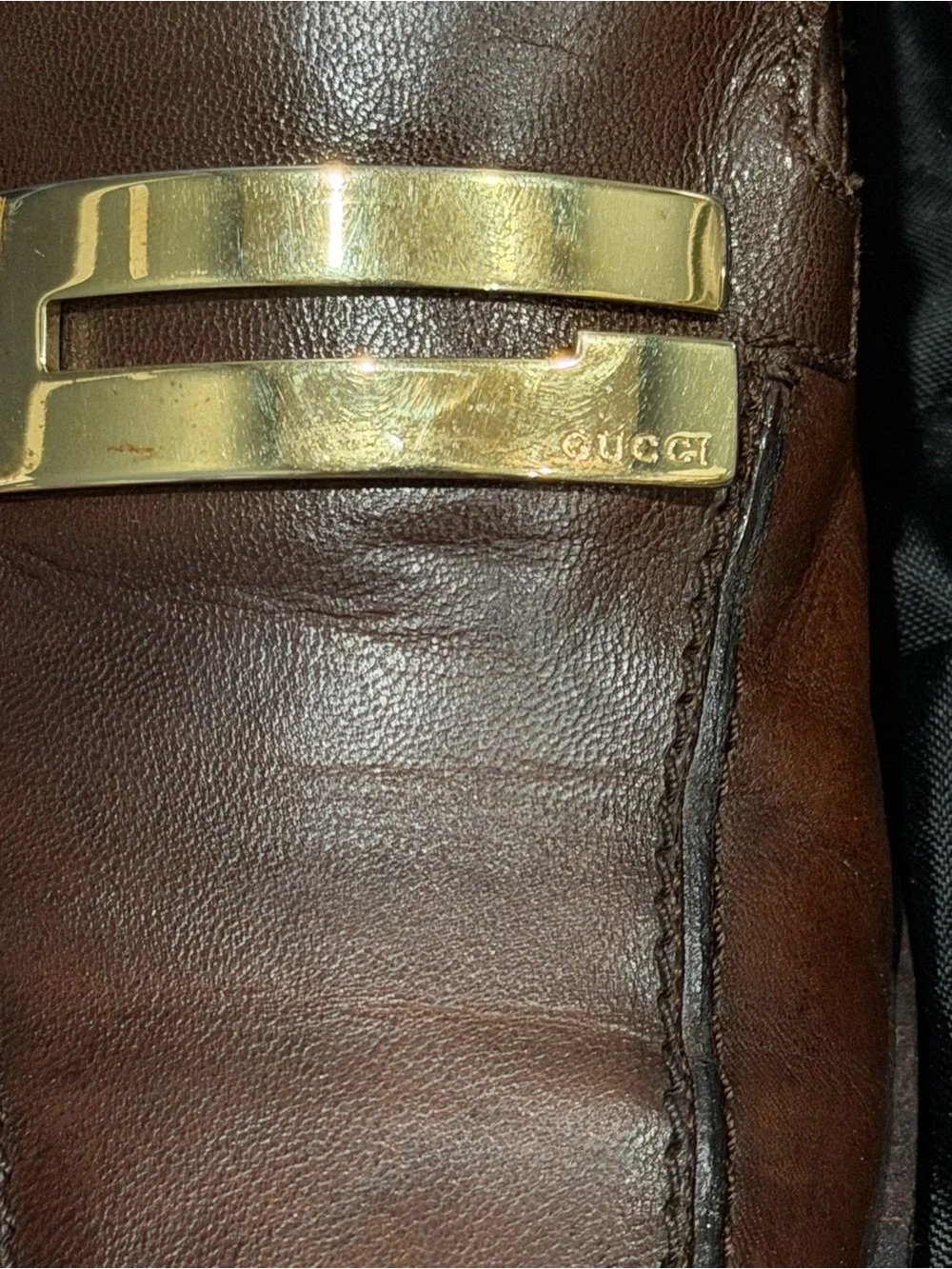 Vintage Gucci Square-ToenBrown Leather Women's Loafers with Gold Bar Detail, Sz6